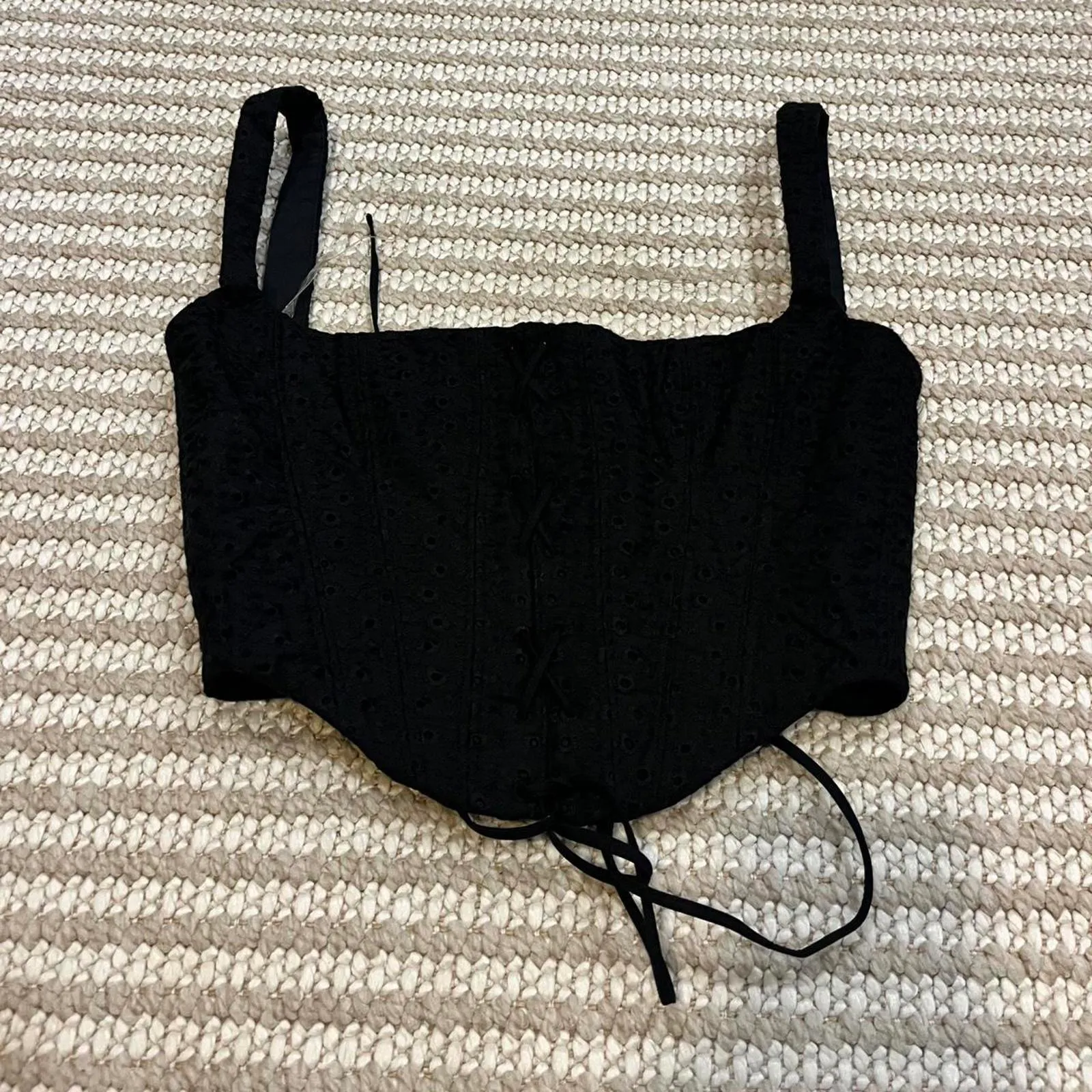 House of CB Cropped Eyelet Bustier Corset Top Black Lace Up - Image 2