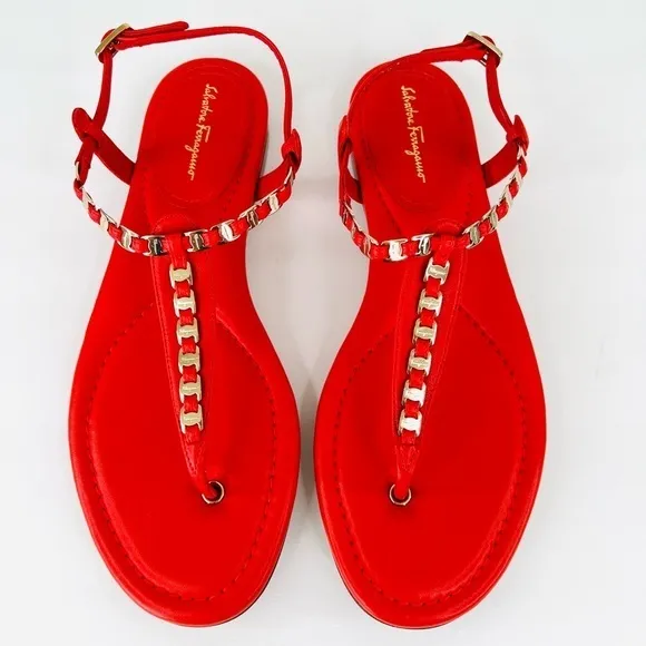 Salvatore Ferragamo Tahiti Embellished Coral Leather Thong Logo Flat Sandals 7.5 - Image 2