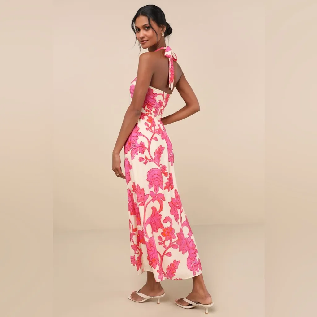 LULU’S Layton Pink And Cream Floral Halter Maxi Dress - Image 6