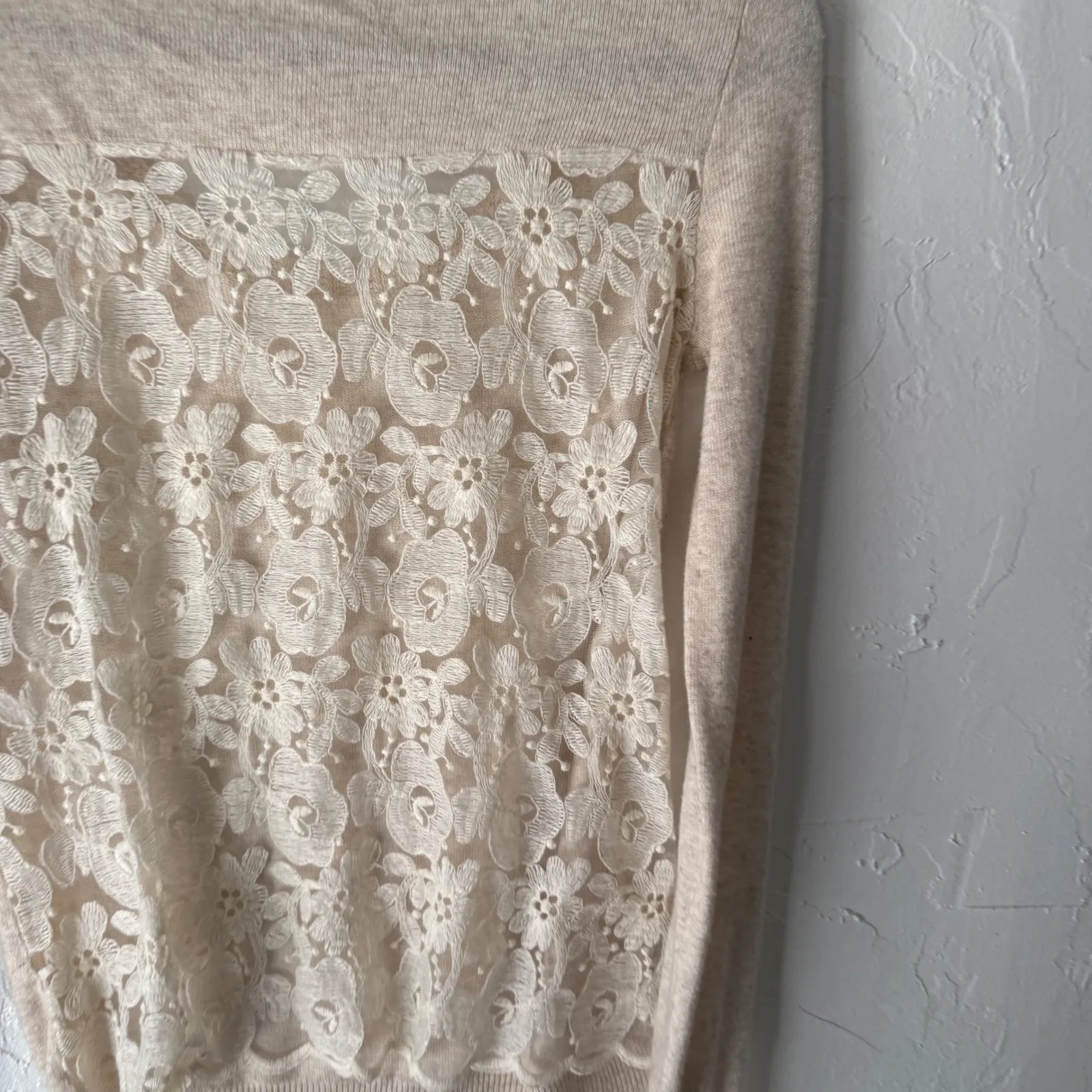 Hem & Thread Women's Lace Sweater S/M Angora Blend Beige Casual Knit Top Cottage - Image 10