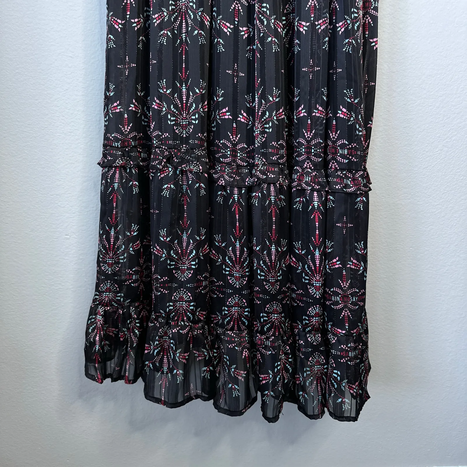 SABINA MUSAYEV Octavia Dress Black Mosaic Print Tie Sleeves Lace Up Size Small - Image 6