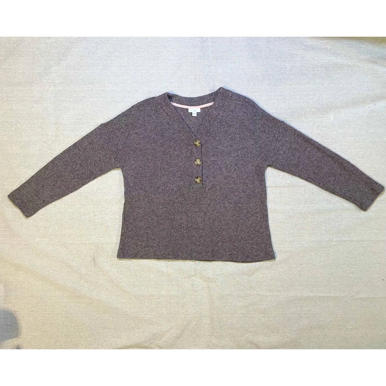 J. Jill | Taupe Waffle Knit Henley Style V - Image 3