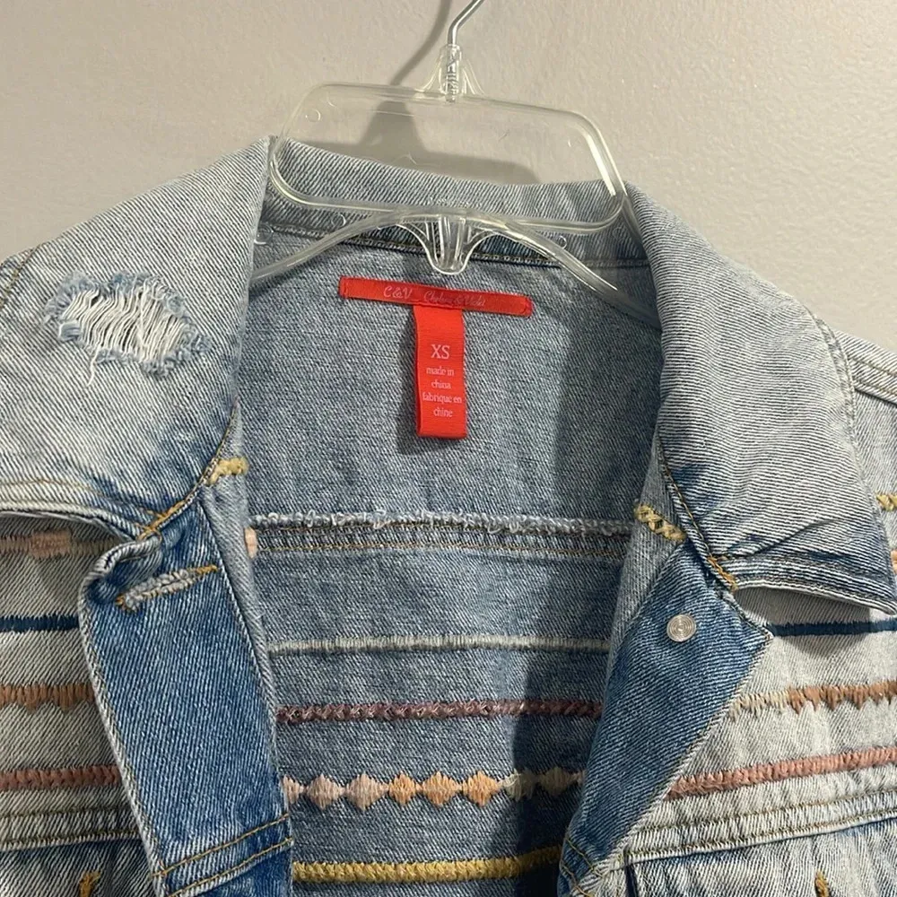 Chelsea & Violet Embroidered Distressed Denim Jacket oversized XS - Image 5