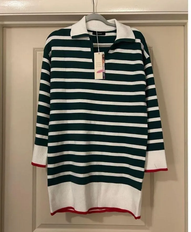 NEW Green Polo V Neck Long Sleeve Dress Striped Mini Sweater Dress S - Image 2