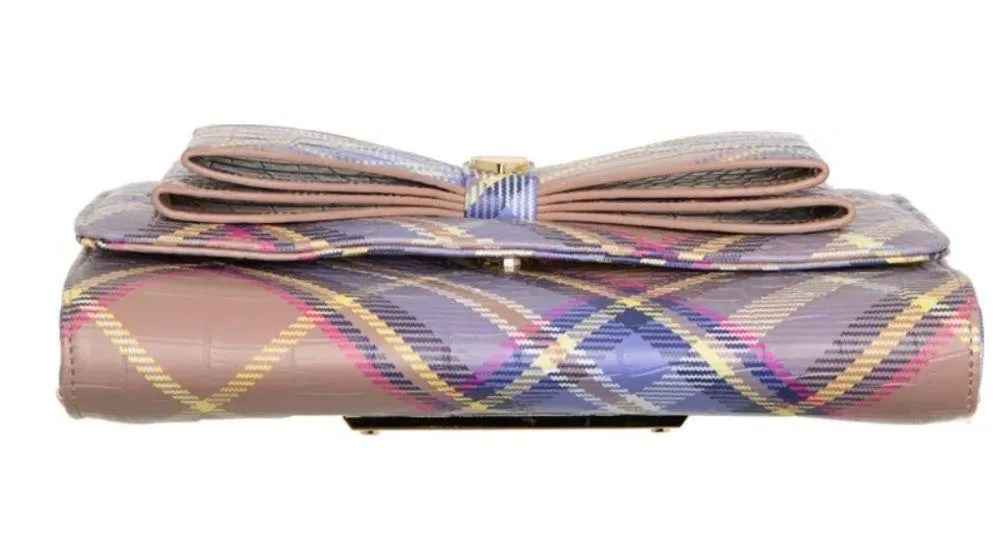 Betsy Johnson crossbody wallet pastel plaid w/ adjustable strap & front Bow NWT - Image 5
