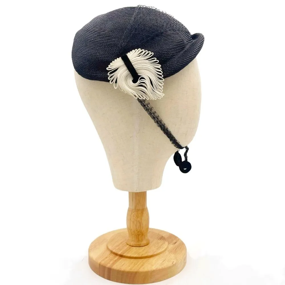 Vintage 50s Tilt Hat Black & Cream Straw Close Style Fascinator Black Mesh Veil - Image 8