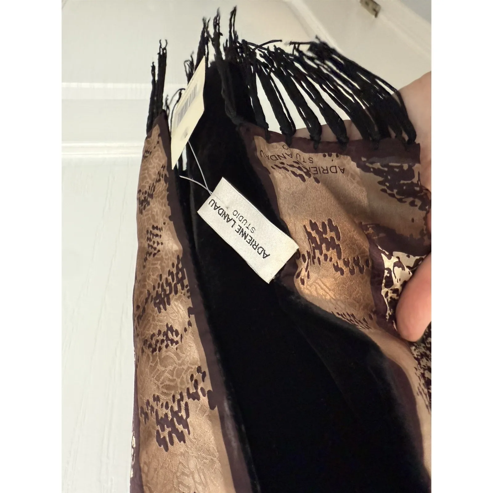 Adrienne Landau Animal Print Rectangular Silk Scarf Fringe Velvet Back - Image 2