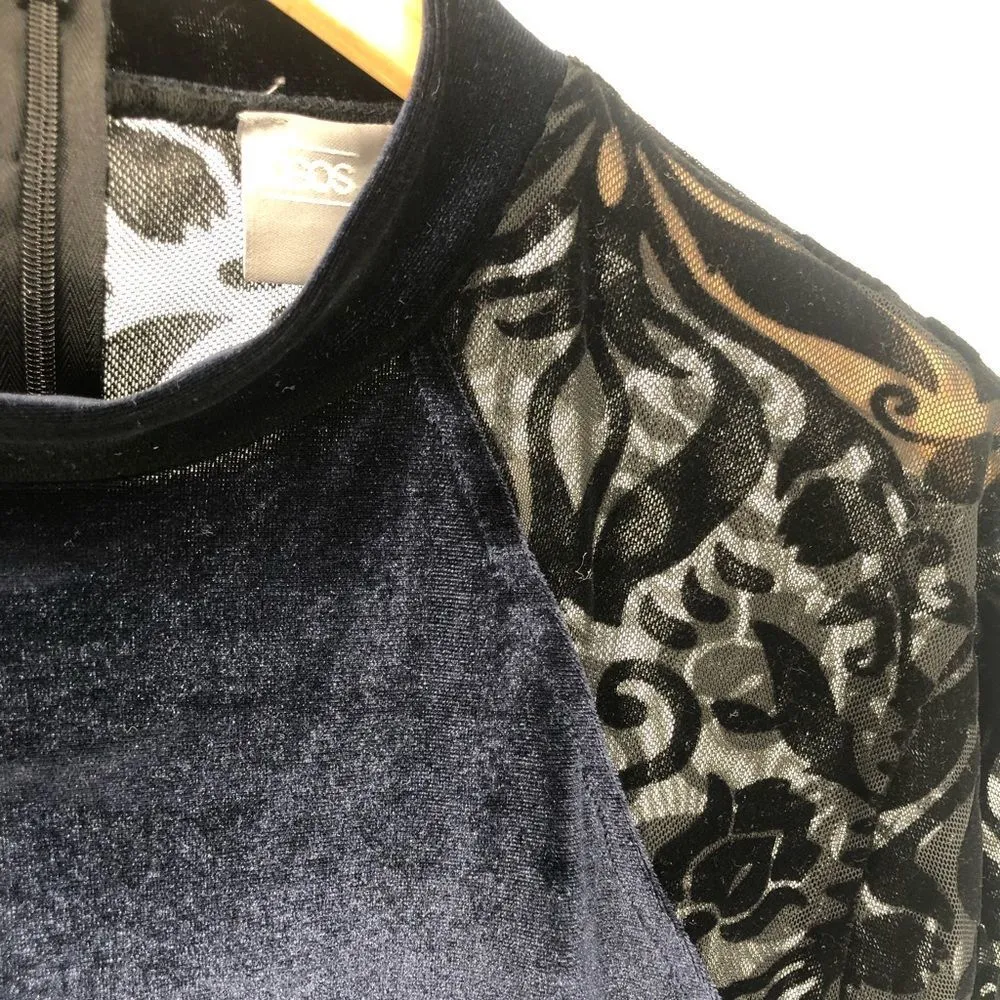 ASOS Velvet & Lace Navy Black Long Sleeve Bodycon Mini Dress size 14 NWT - Image 5