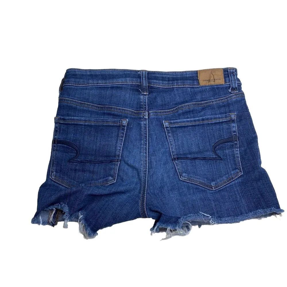 American Eagle Denim Blue Dark Wash Hi-Rise Shortie Cut-Off Shorts Stretch Sz 4 - Image 2