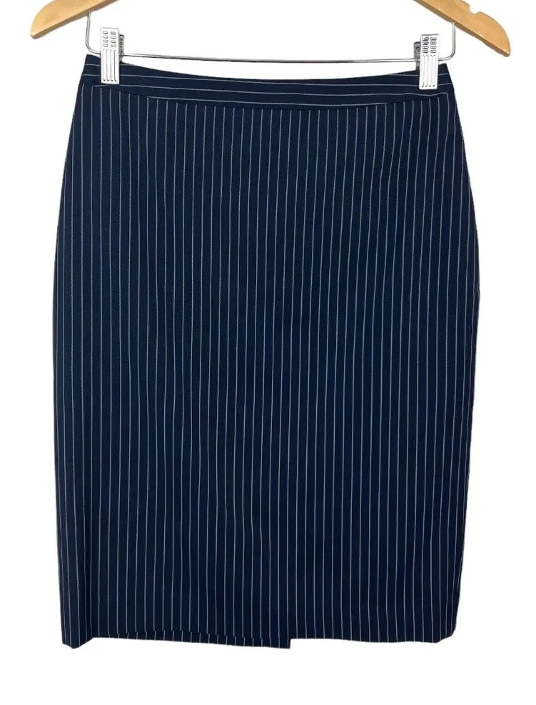 Brooks Brothers Loro Piana Pencil Skirt 4 Petite Navy Stretch Wool Pinstripe 4P - Image 1