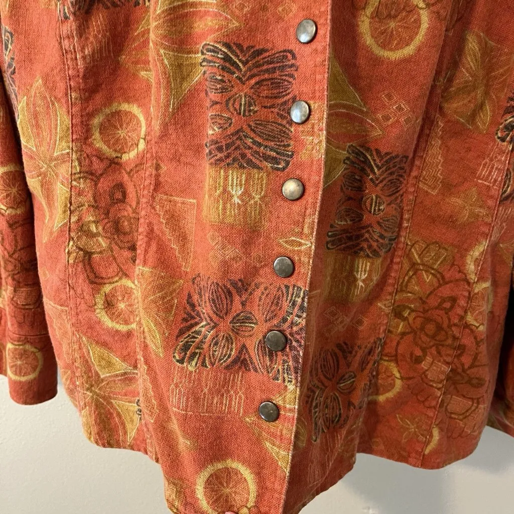 Orange Boho Citrus Retro 70s Jacket Linen Cotton Hippie Art To Wear Laganlook 1X - Image 4