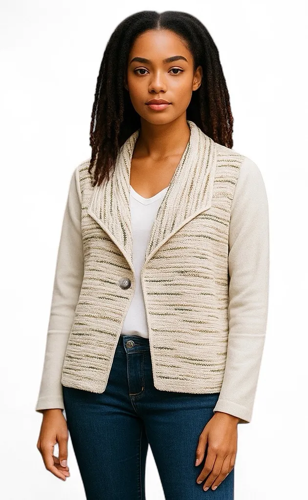 Tribal Large Button Front Cardigan Sweater Jacket Beige Cream Stripe Knit Moto Tan - Image 1