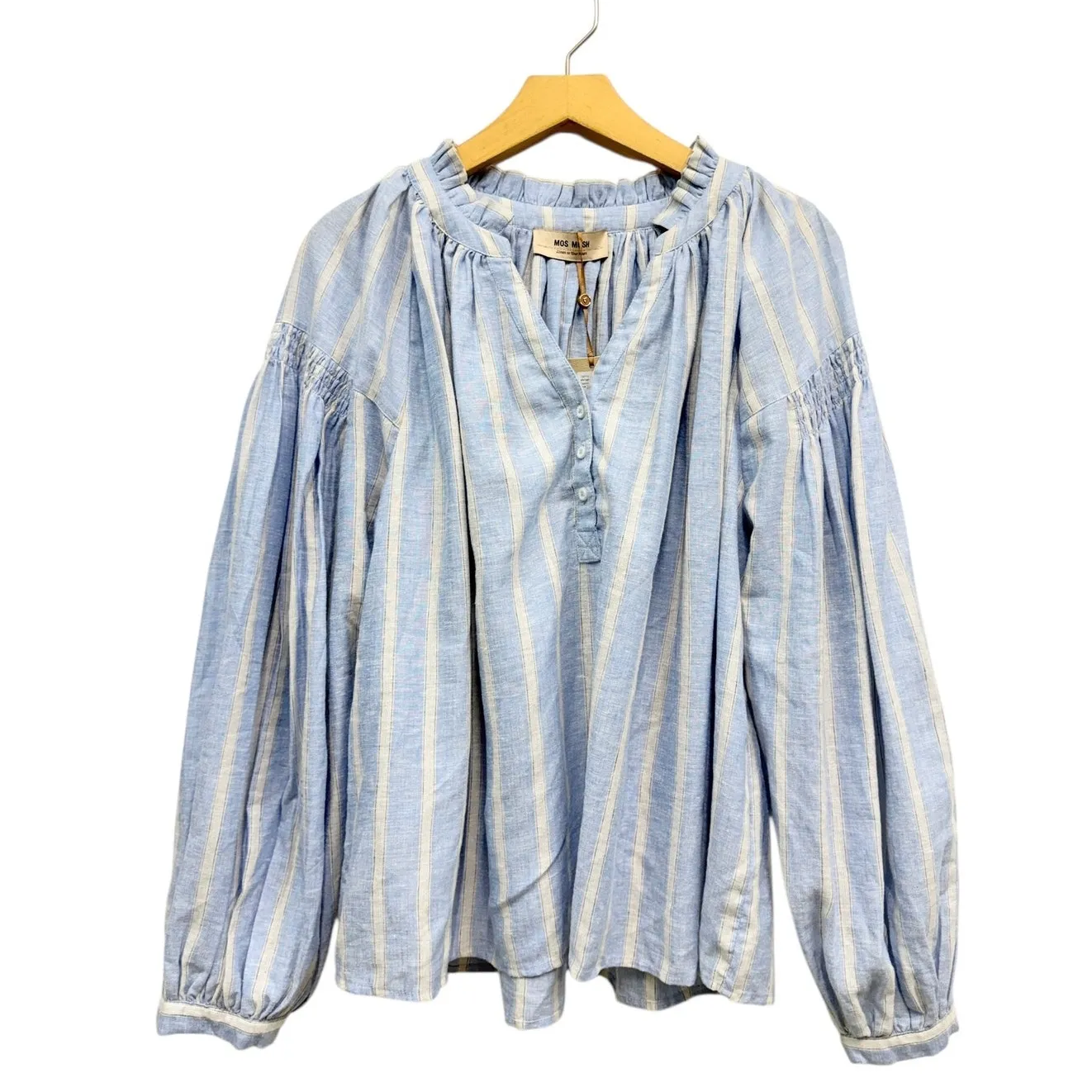 MOS MOSH MMSafi Striped Linen Shirt Balloon Sleeve Blue/Cream size Large NWT Blue - Image 2