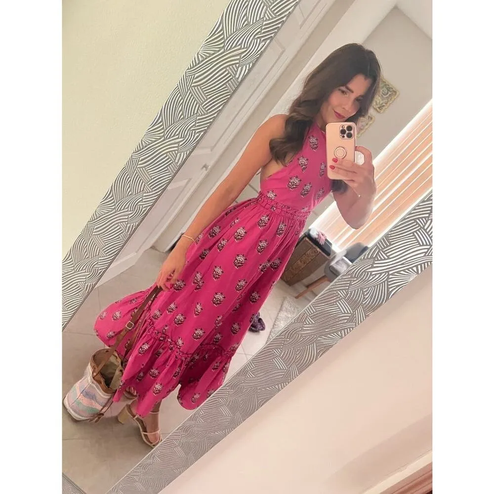 RHODE Hot Pink Marigold Flower Print Halter Style Salena Maxi Dress Size XS - Image 15