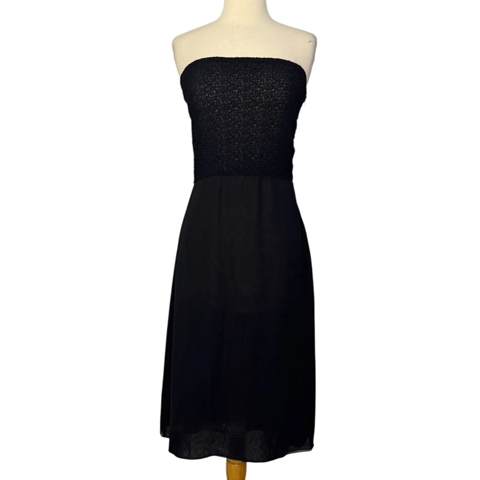EMPORIO ARMANI Strapless Silk Black Midi Dress Textured Mesh Flowy Size Large - Image 3