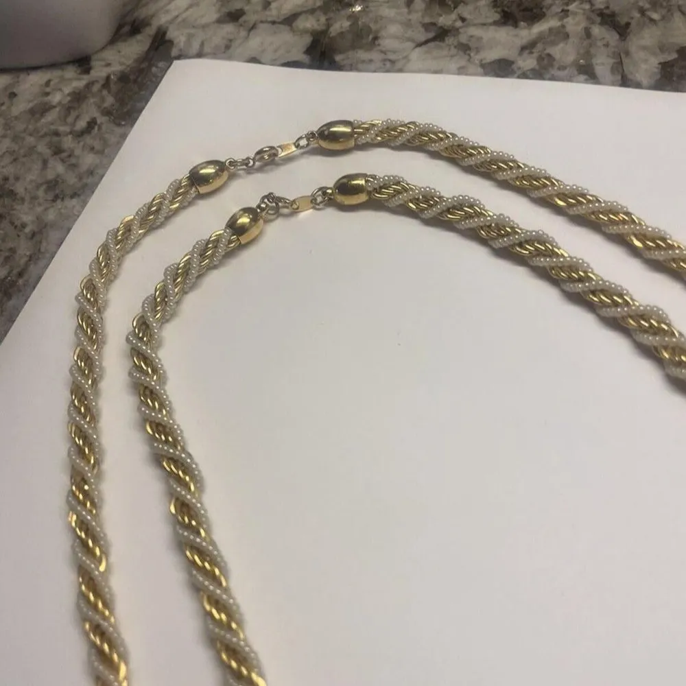 Lot / Set Of 2 Signed Trifari Costume Necklace - Gold Tone / White Bead Beaded - Image 7