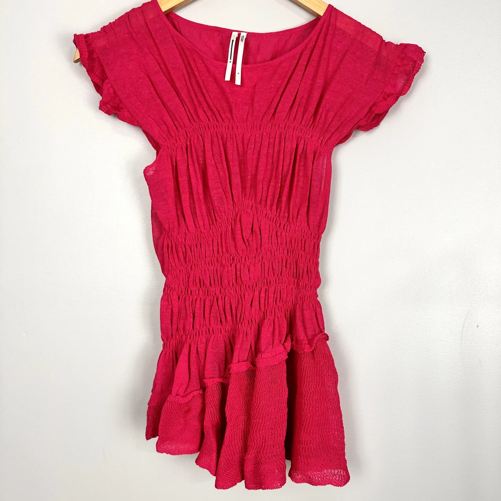 By Anthropologie Sheer Smocked Ruffled Asymmetrical Hot Pink Sweater Tank Small - Image 6