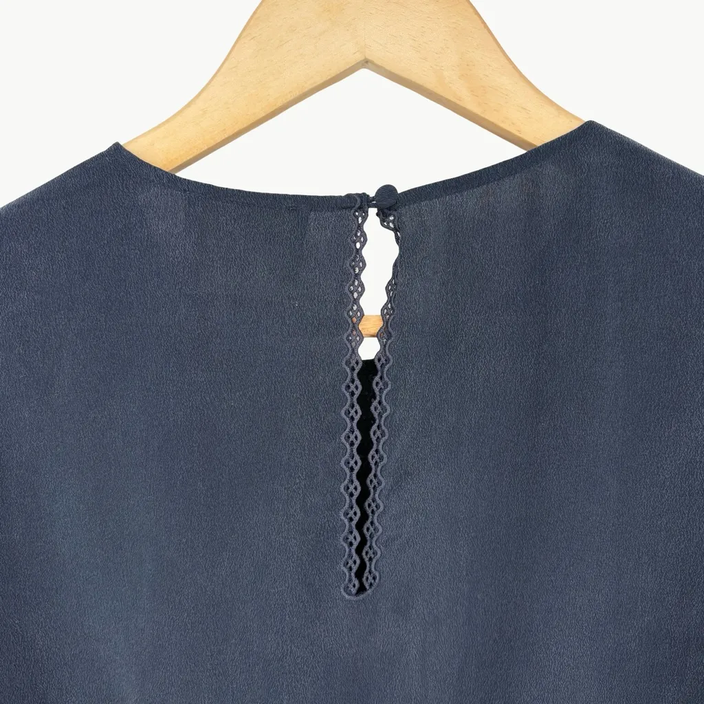 Sézane Matty Ruffle Silk Short Sleeve Blouse | Sz FR 38 (US 6) | Navy Blue - Image 9