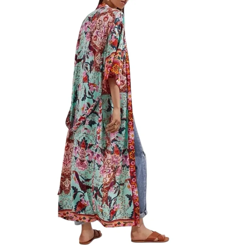 Anthropologie Radiant Floral Paisley Robe Kimono Aqua Red Boho maximalist pajama - Image 2