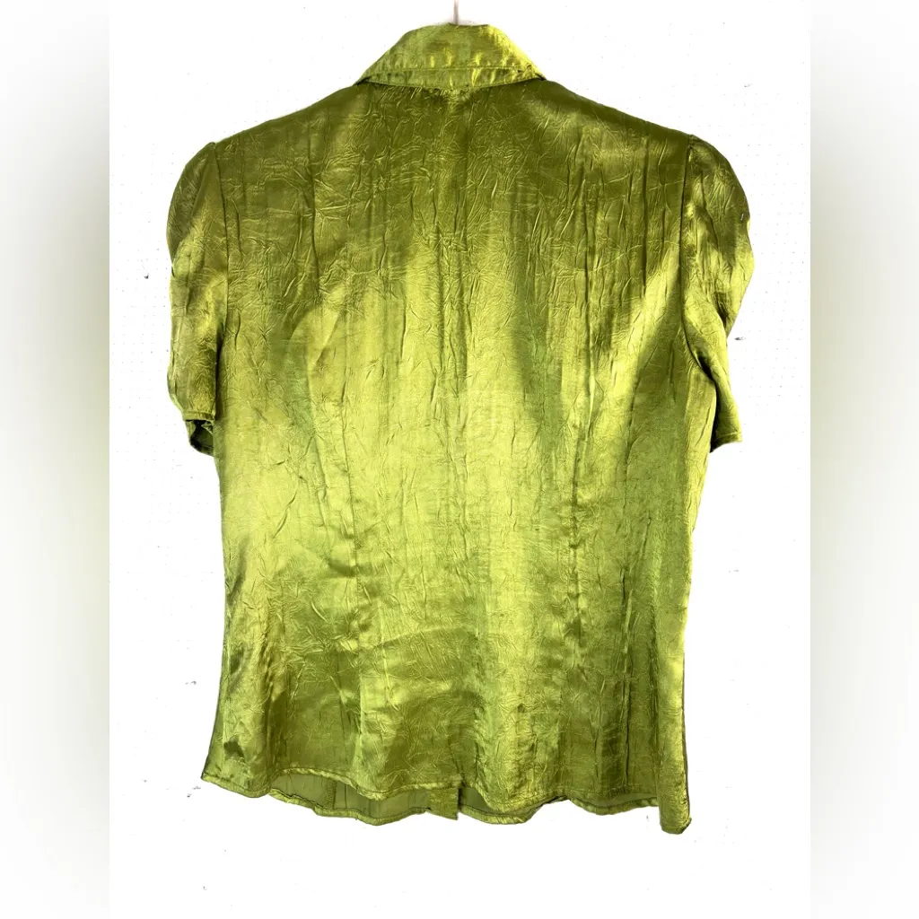 Iz Byer L Victorian Style Satin Blouse in Olive Sheen with Flower - Image 3