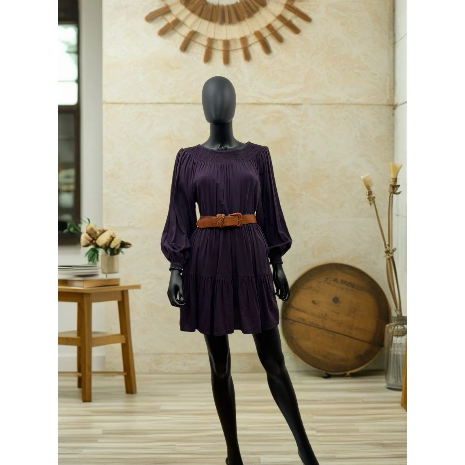 Old Navy Purple Smocked Tiered Mini Dress Women’s S Long Sleeve‎ Boho - Image 4