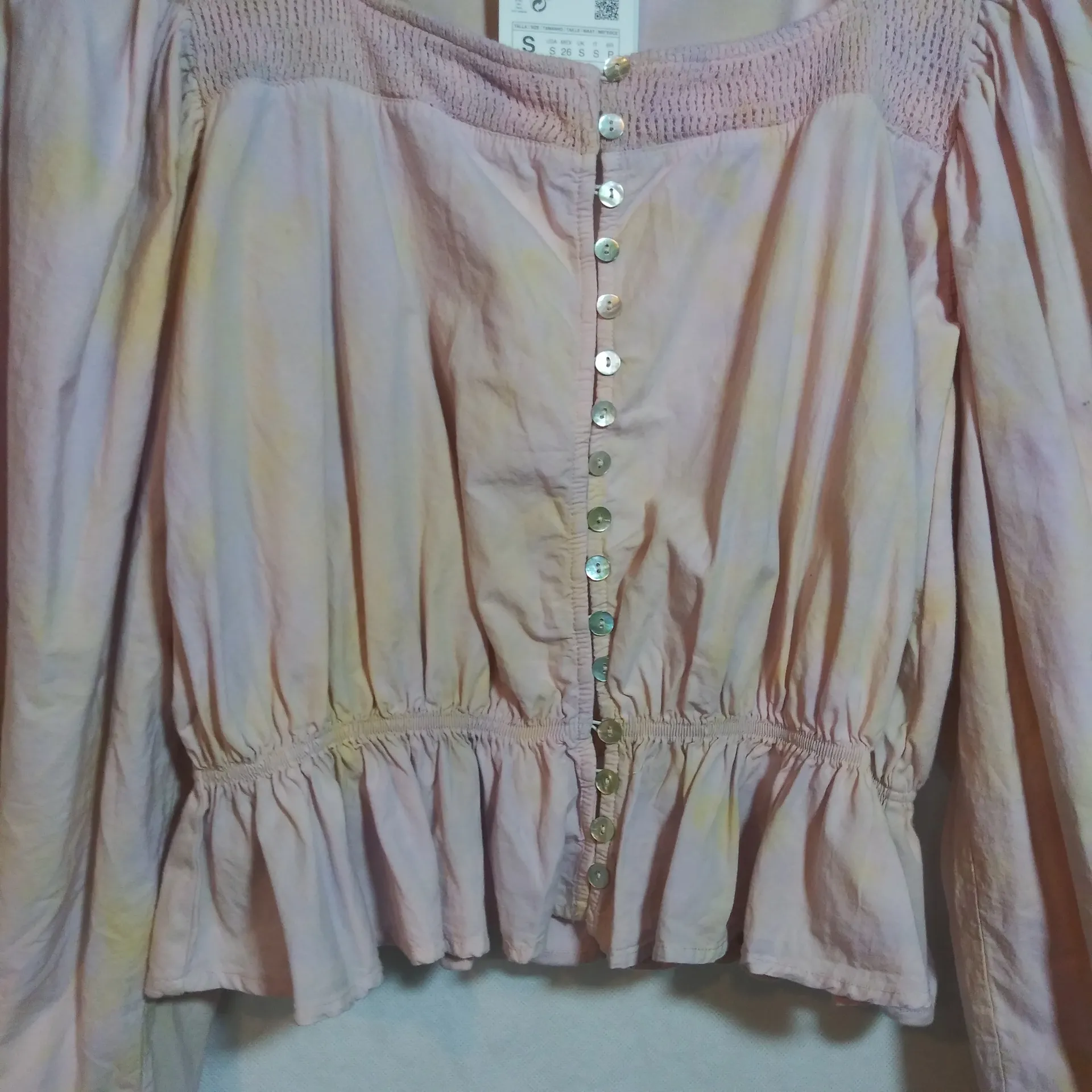 Zara Pink Tie Dye Puff Sleeve Button-Up Women's Blouse Crop Top Size Small - Image 4