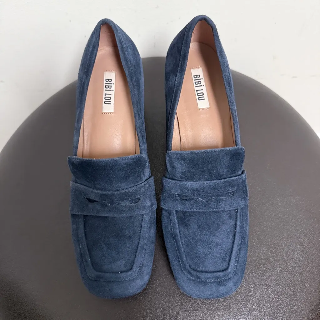 Bibi Lou Navy Blue Suede Leather Platform Block Heel Square Toe Loafers 41 Size 10 - Image 6