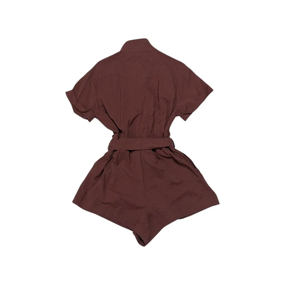 Fabletics  Ripstop Short Onesie Romper Sepia Brown Grid Plaid Gorpcore Mock Neck - Image 3