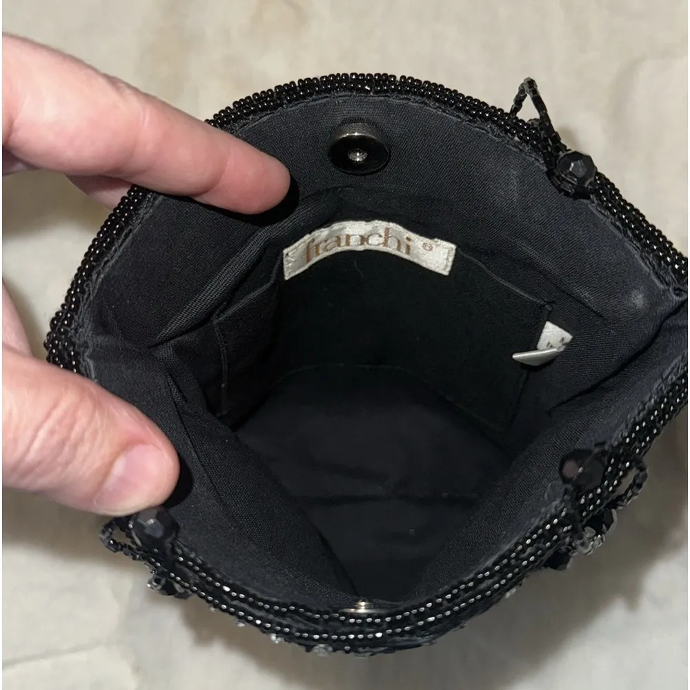 Franchi Vintage Black Pleated Satin Beaded Evening Bag Purse w Beaded Handles - Image 9