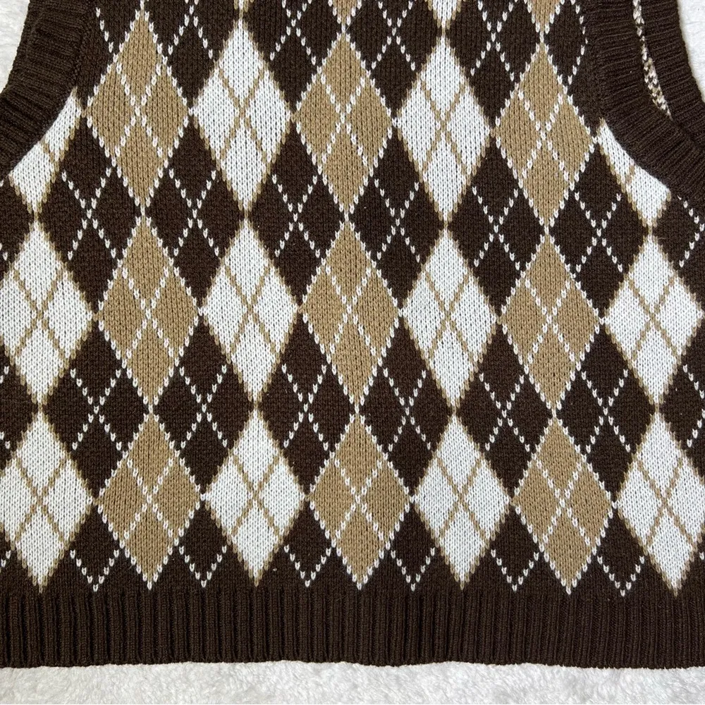 Oil Rice Brown Argyle Button Front Sweater Vest Size L - Image 8
