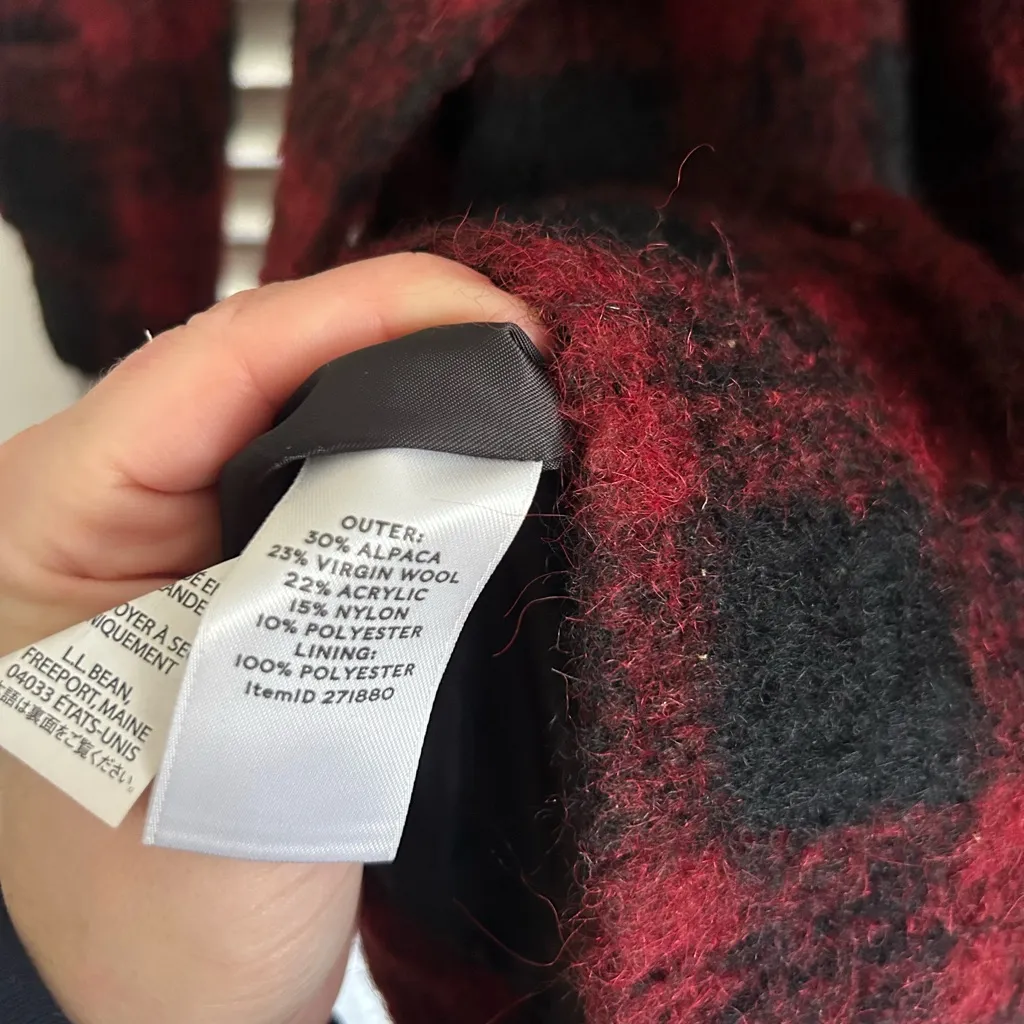 VTG L.L. Bean Alpaca Wool Blend Plaid Barn Red And Black Belted Collared Medium - Image 4