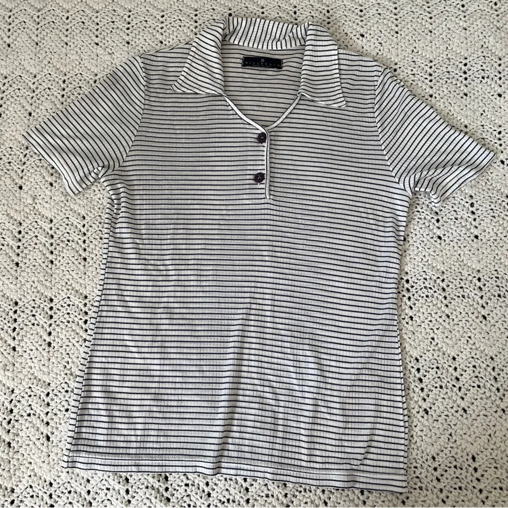 Terzo Millennio Striped Collared Henley Short Sleeve Shirt White/Black (Small) White - Image 7