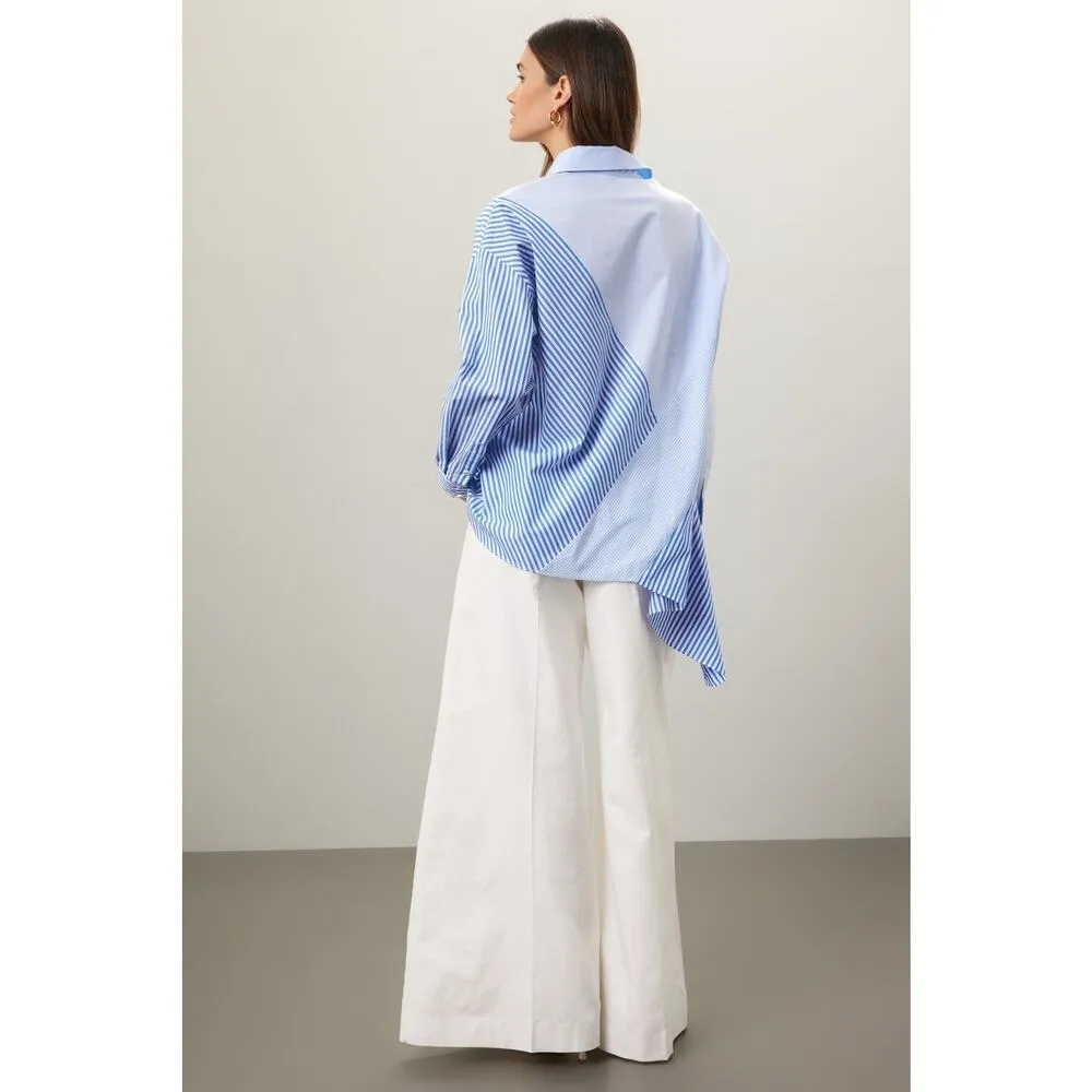 NAADAM Blue Cotton Asymmetrical Stripe Mix Button Up Long Sleeve Top Size Medium - Image 3