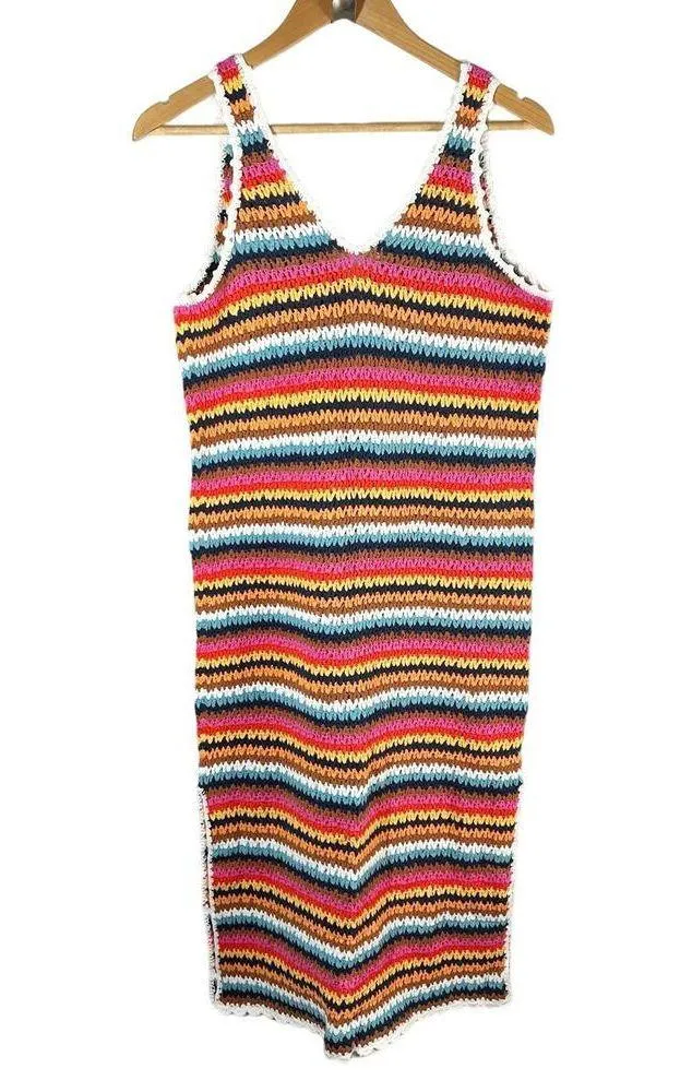 Marine Layer Viv Crochet Multi Stripe Casual Beach Midi Dress Boho Medium - Image 2