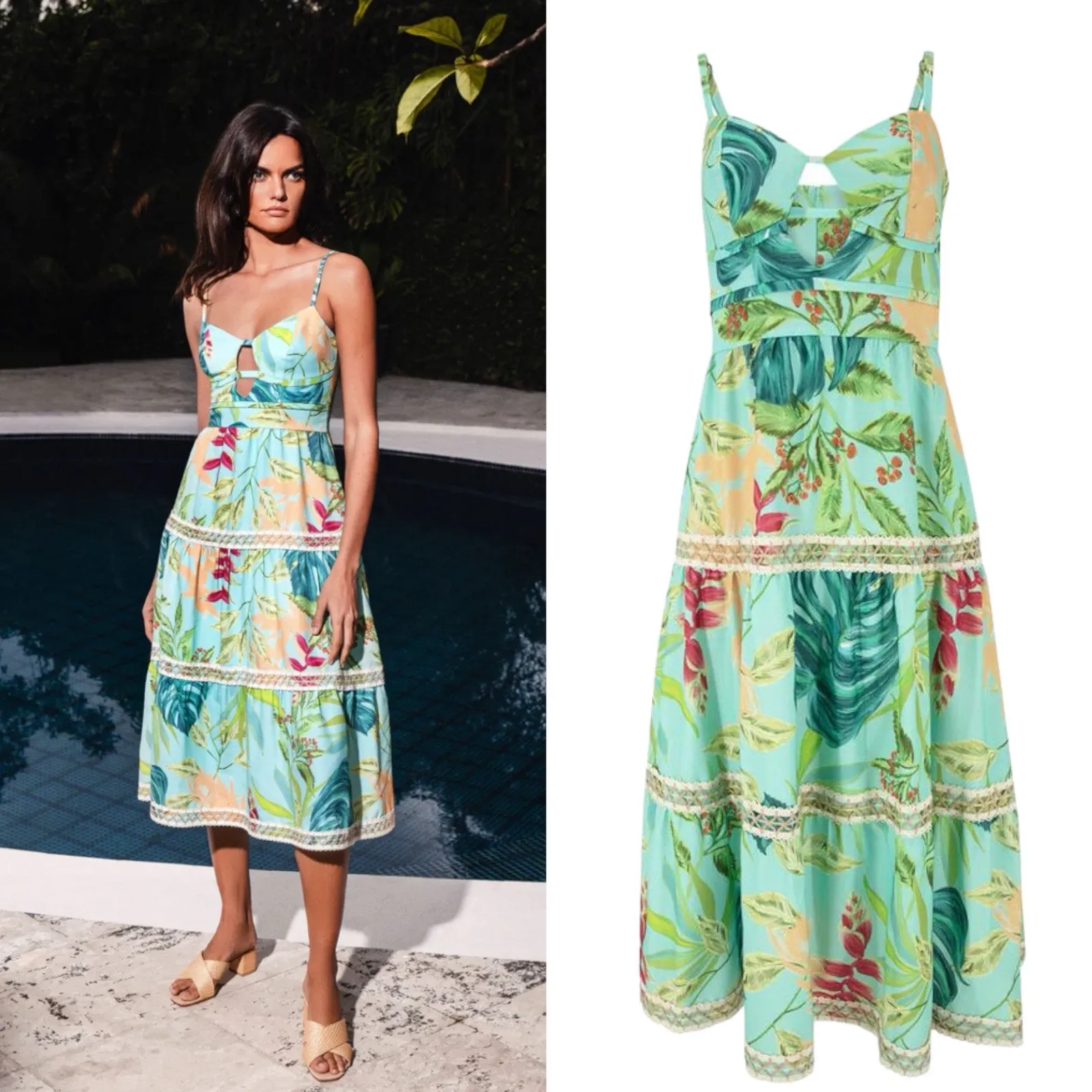 PatBO Tropicalia Leaf Print Jute Trim Midi Dress Islablue Green Size 4 - Image 2