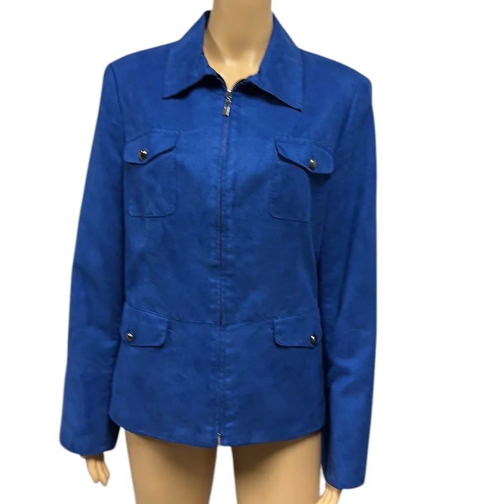 Evan Picone Blue Sueded Zip Up Jacket 4 Button Flap Pockets Womens 14 - Image 2