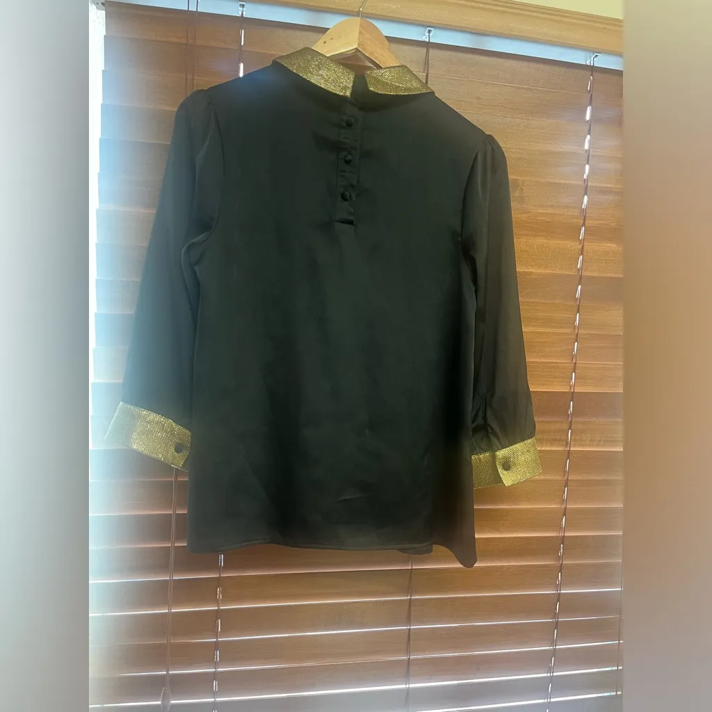 The Moon Peter Pan Gold Sequin Collar Black Blouse  satin Size‎ M - Image 3