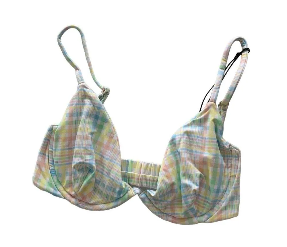 VDM Revolve Isla White Pastel Plaid Print Underwire Swimwear Bikini Top Sm - Image 7