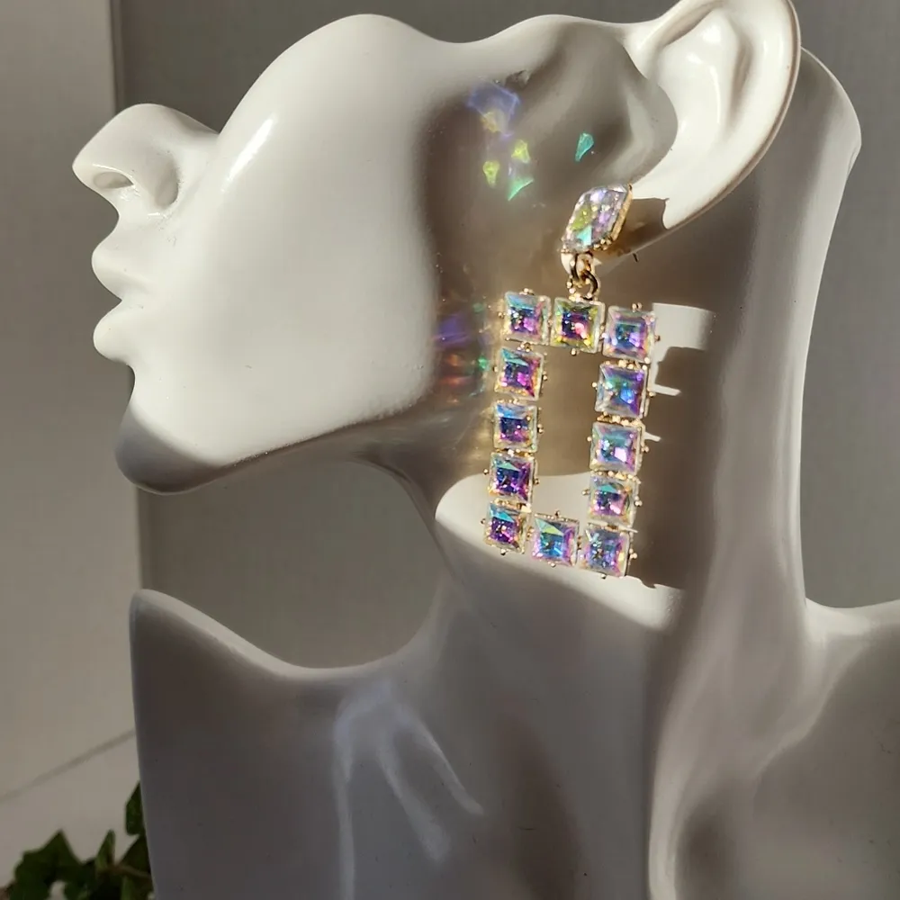 Rectangle Iridescent Drop Glam Earrings Gold - Image 2