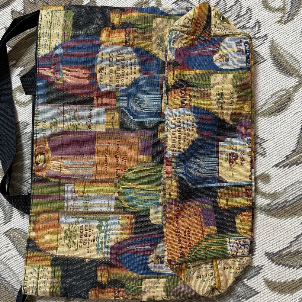 Vintage Tapestry Tote Shoulder Bag Wine Bottles w/Coin Purse Brown - Image 3