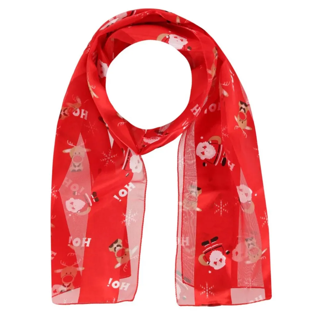 Cute Santa and Reindeer Long Silky Chifforn Satin Scarves Wrap Tie Red - Image 2