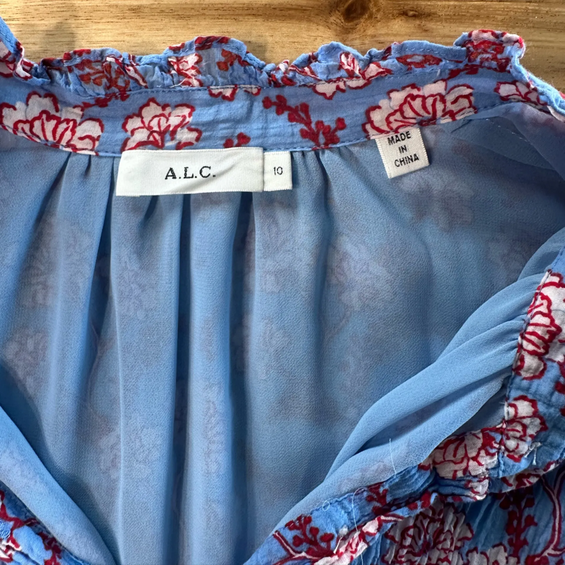 A.L.C Blue Foley Silk Blend High Neck Floral Top Blouse Blue & Red Multi Size 10 - Image 4