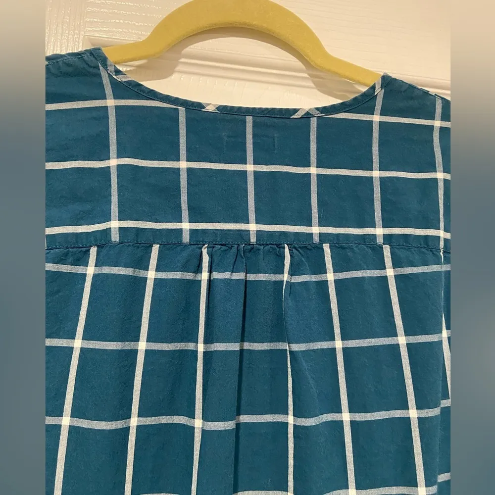 L.L. Bean Size S Cotton Collarless Teal Ivory Plaid Long Sleeve Popover Shirt Blue - Image 7