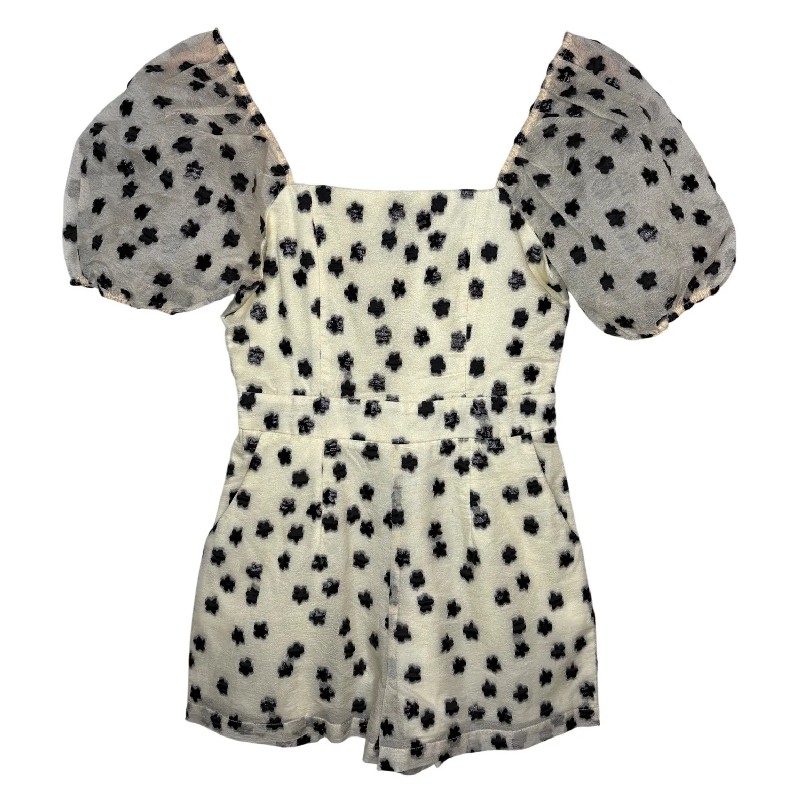 TCEC Cream Black Floral Puff Sleeve Romper 3D Flower Organza Coquette Size Small - Image 3