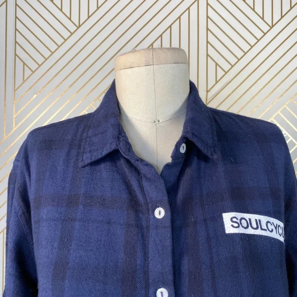 SoulCycle‎ Blue Plaid Flannel Button Down Logo Top - Image 3