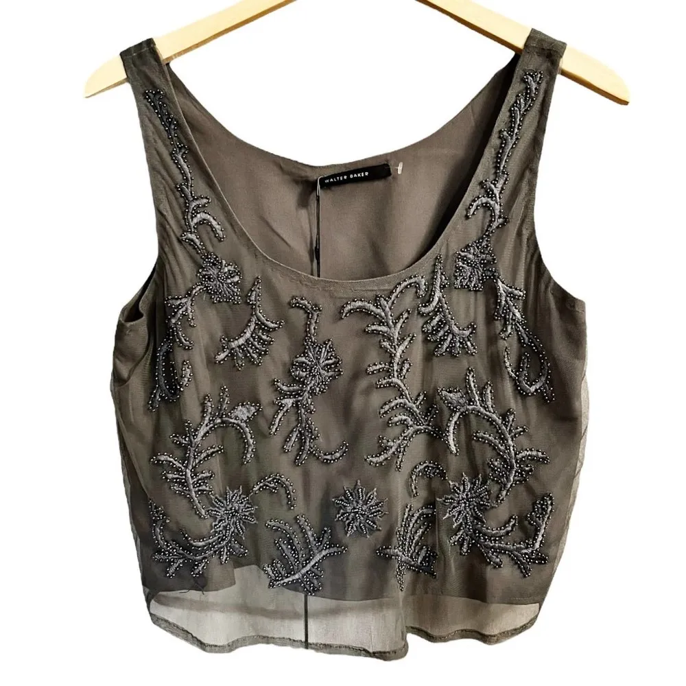 WALTER BAKER Elise Crop Top Embellished Beaded Mesh Scoop Neck Sequin Gray NWT - Image 8