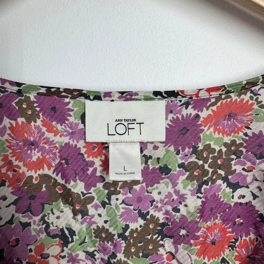 Ann Taylor Loft Top Women L Purple Floral 3/4 Sleeve Peasant Blouse Boho Spring Size L - Image 6