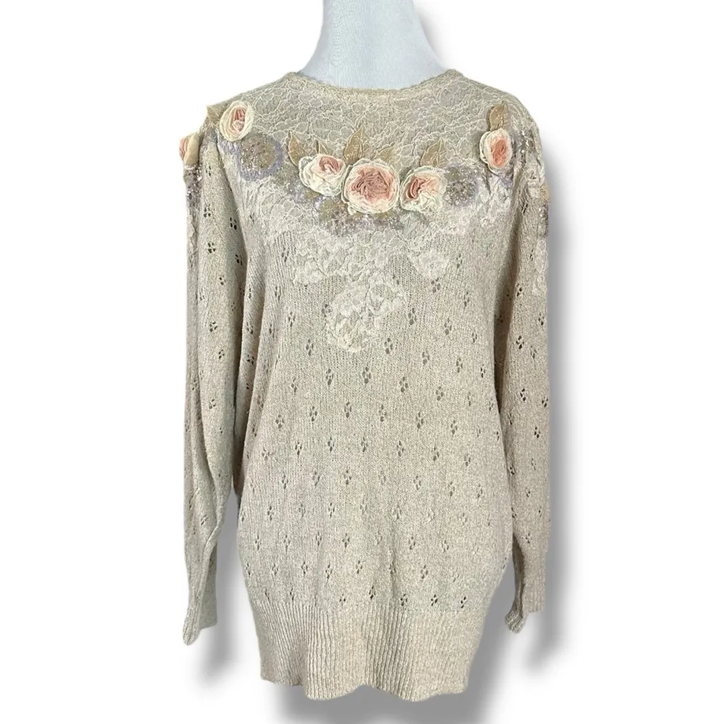 Vintage 70s Mariea Kim Dainty Shabby Chic 3D Flower Lace Pointelle Sweater Med - Image 2