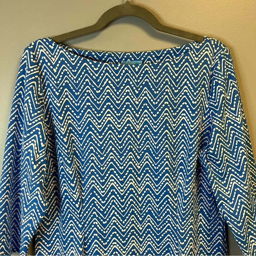 J. McLaughlin Dress Blue & White Mykonos Chevron Print Fit & Flare Sheath XL EUC - Image 4