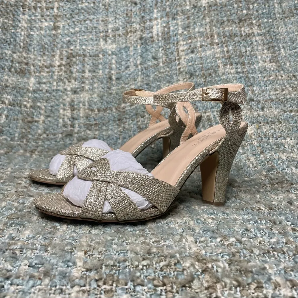 Paradox London Kitty Glitter High Heel Ankle Strap Sandal in Champagne - Image 6